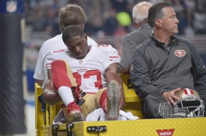 Nov 1, 2015; St. Louis, MO, USA; San Francisco 49ers running back Reggie Bush (23) is carted off the field after being injured during the first half against the St. Louis Rams at the Edward Jones Dome. Mandatory Credit: Denny Medley-USA TODAY Sports